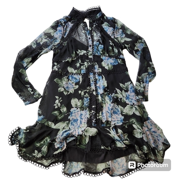 New ASOS DESIGN Black Floral Print Sheer Mini Dress With Lace Trim Detail Sz 14 - Picture 4 of 8